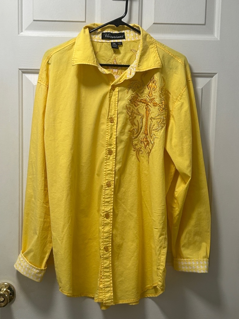 Victorious Yellow Embroidered Button-Up Shirt With Tribal Cross